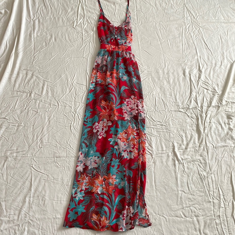 Red floral, flowy dress